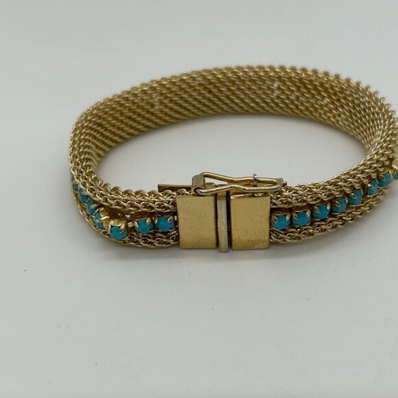 Vintage Gold-Tone Mesh Bracelet Faux Turquoise Stones Secure Clasp 1970s - Picture 8 of 16